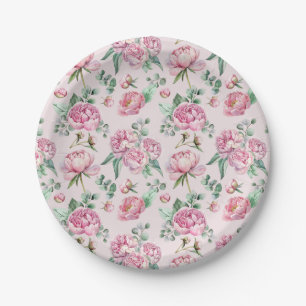 Assiettes En Carton Élégant Baby shower rose rose floral et verdoyant