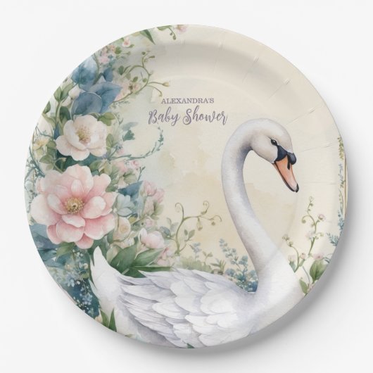 Assiettes En Carton Élégant Baby shower rose vif du cygne floral (Devant)