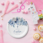 Assiettes En Carton Élégant Baptême Floral Bleu Dusty (Fête)
