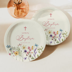 Assiettes En Carton Élégant Baptême Floral Fleur sauvage