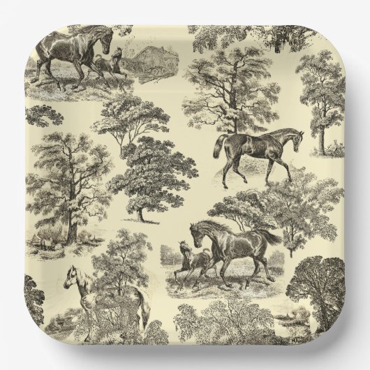 Assiettes En Carton Elégant Beige Rustique Horses Toile (Recto)