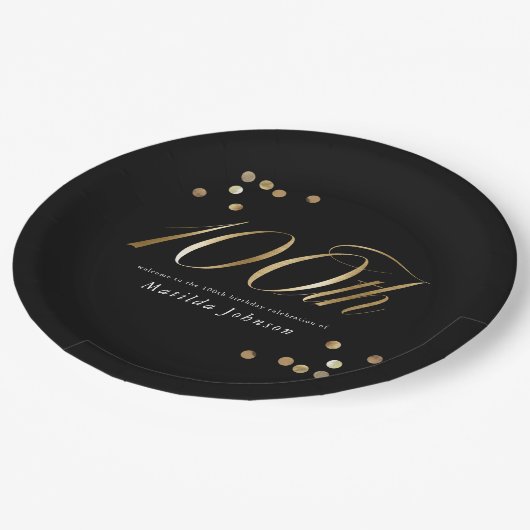 Assiettes En Carton Elegant Black and Gold 100th Birthday Party (Angle)