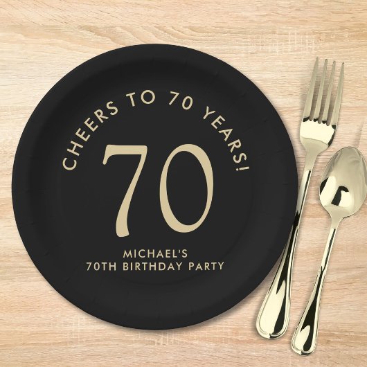 Assiettes En Carton Elegant Black Gold 70th Birthday Party