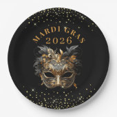 Assiettes En Carton Elegant Black Gold Glitter Mardi Gras 2026 (Devant)
