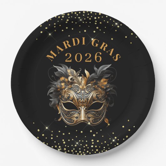 Assiettes En Carton Elegant Black Gold Glitter Mardi Gras 2026 (Devant)