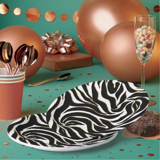 Assiettes En Carton Elegant Black Gold Zebra White Animal Print (Multi)