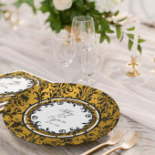 Assiettes En Carton Elégant Black White & Gold Mariage damassé