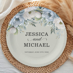Assiettes En Carton Elégant bleu bleu ivoire floral Sage vert