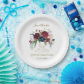 Assiettes En Carton Elégant Bleu Bourgogne Aquarelle Fleurs Baptême (Fête)