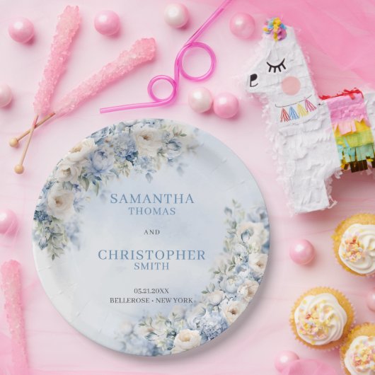 Assiettes En Carton Elégant bleu clair et blanc Fleurs eucalyptus (Fête)