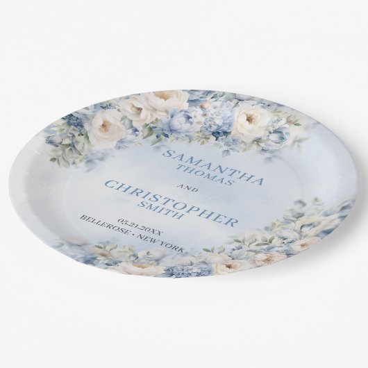 Assiettes En Carton Elégant bleu clair et blanc Fleurs eucalyptus (Angle)