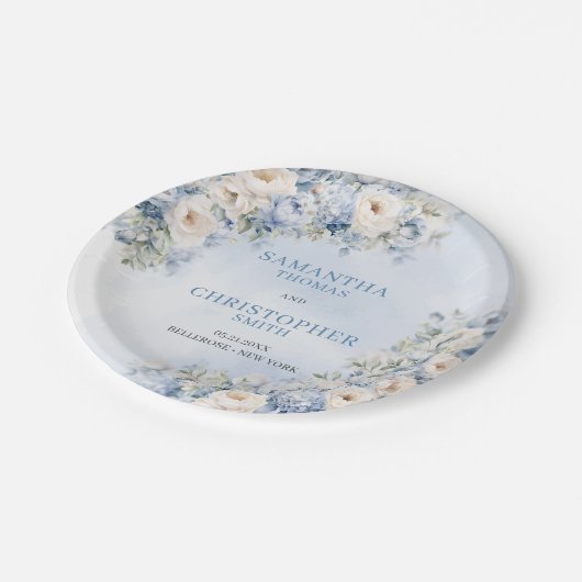 Assiettes En Carton Elégant bleu clair et blanc Fleurs eucalyptus (Angle)