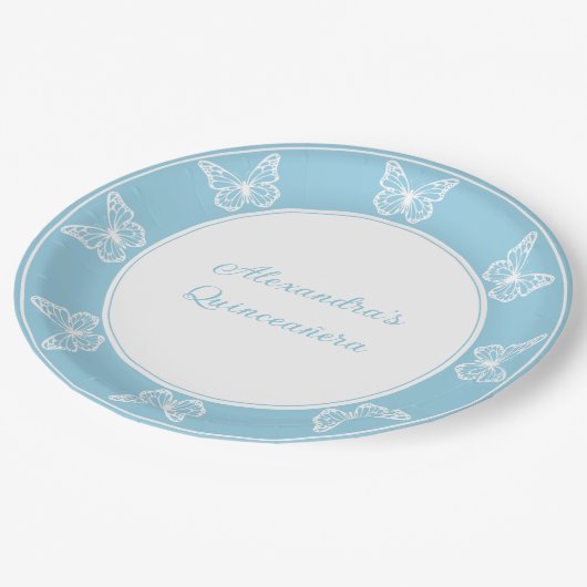 Assiettes En Carton Elégant bleu clair Quinceañera - Papillon Classy (Angle)