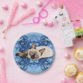 Assiettes En Carton Elégant bleu floral chat siamois jolie féline (Fête)