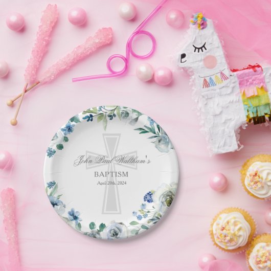 Assiettes En Carton Élégant bleu floral croisé religieux Baptême (Fête)