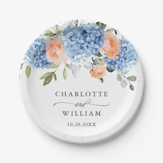 Assiettes En Carton Élégant bleu Hydrangea rose Rose Mariage (Devant)