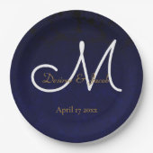 Assiettes En Carton Elégant bleu marine or blanc Monogramme floral (Devant)