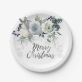 Assiettes En Carton Elégant bleu marine Rose blanche Joyeux Noël (Devant)