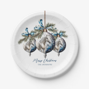Assiettes En Carton Élégant bleu Noël blanc cheval équestre