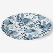 Assiettes En Carton Élégant Bleu Poussiéreux Floral et Blanc Rond Fête (Angle)