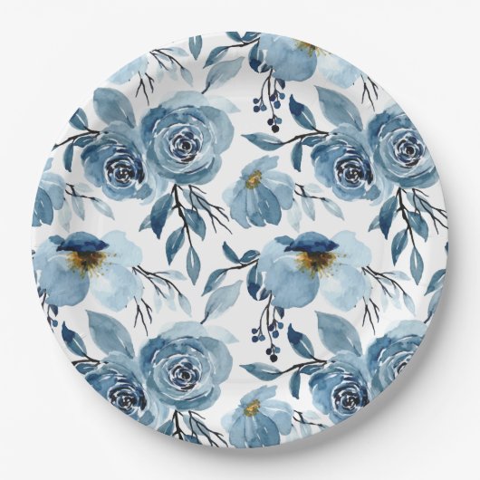 Assiettes En Carton Élégant Bleu Poussiéreux Floral et Blanc Rond Fête (Devant)