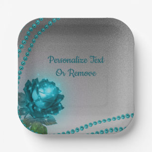 Assiettes En Carton Elégant bleu romantique cristal Rose perles chic