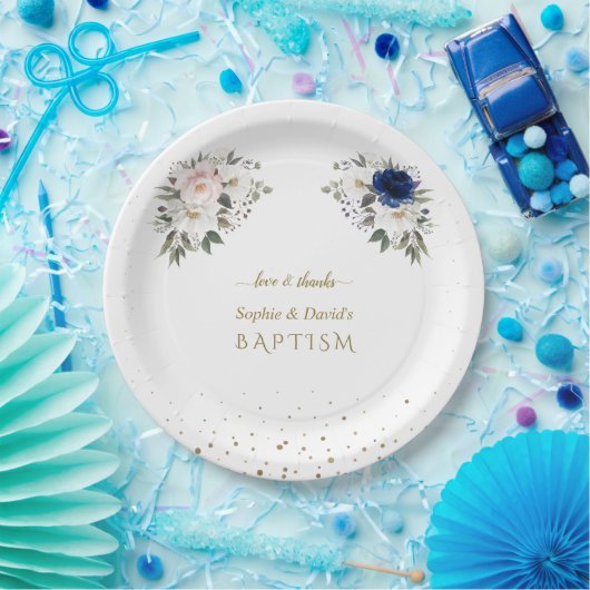 Assiettes En Carton Elégant bleu rose Fleurs blanches jumeaux Baptême (Fête)