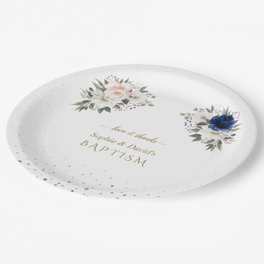 Assiettes En Carton Elégant bleu rose Fleurs blanches jumeaux Baptême (Angle)