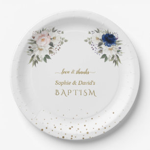 Assiettes En Carton Elégant bleu rose Fleurs blanches jumeaux Baptême