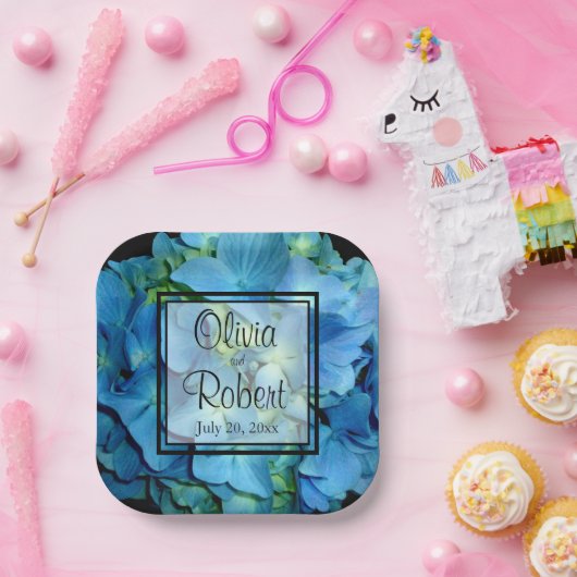 Assiettes En Carton Elégant bleu turquoise hydrangée à fleurs bleu ros (Fête)