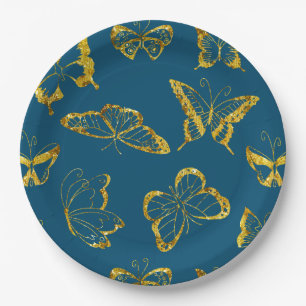 Assiettes En Carton Elégant Bleu Turquoise Papillons Or Anniversaire