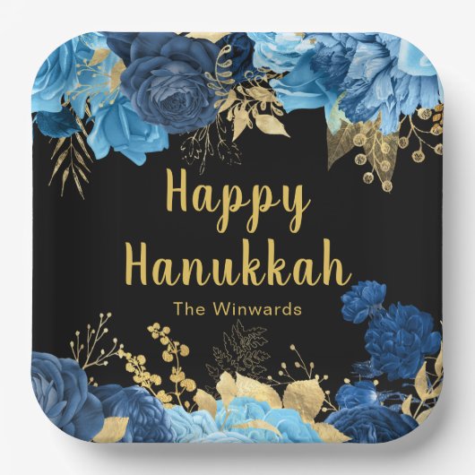 Assiettes En Carton Elegant Blue and Gold Flowers Hanukkah Party (Recto)