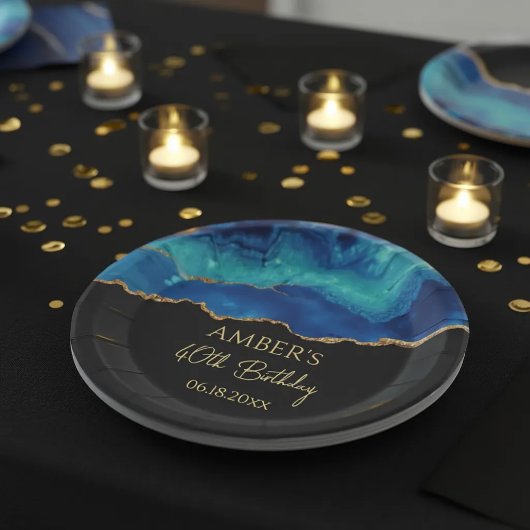 Assiettes En Carton Elegant Blue Gold Abstract Marble Design