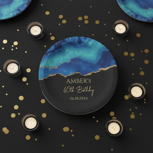 Assiettes En Carton Elegant Blue Gold Abstract Marble Design