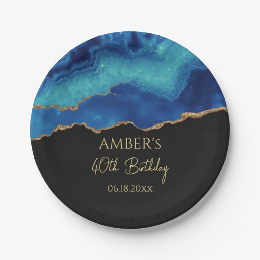 Assiettes En Carton Elegant Blue Gold Abstract Marble Design (Devant)