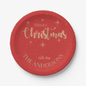 Assiettes En Carton Élégant Blue Gold Stars Nom Joyeux Noël fête (Devant)