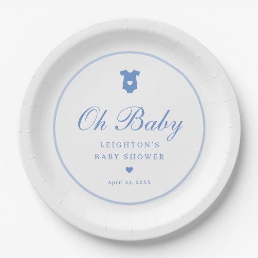 Assiettes En Carton Élégant Blue Script Garçons Oh Baby shower (Devant)