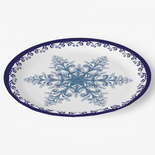 Assiettes En Carton Élégant Blue Snowflake Holiday (Angle)