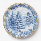 Assiettes En Carton Elegant Blue Toile Christmas Tree Holiday Dining  (Devant)