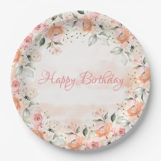 Assiettes En Carton Elégant Blush Floral Aquarelle Script Anniversaire (Devant)