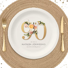 Assiettes En Carton Elegant Boho Floral Gold Foil 90th Birthday