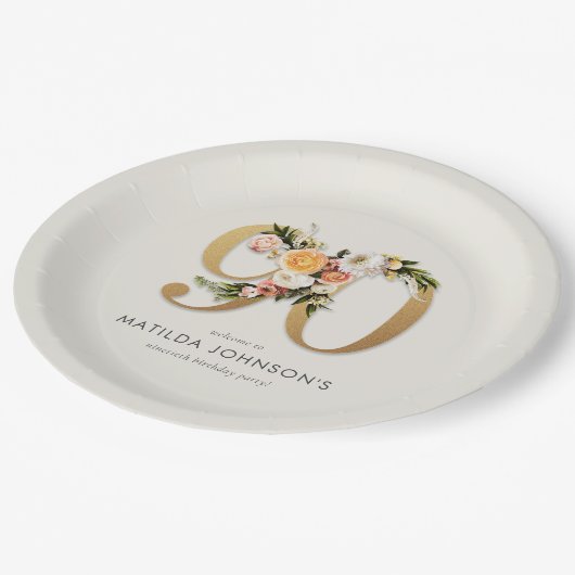 Assiettes En Carton Elegant Boho Floral Gold Foil 90th Birthday (Angle)