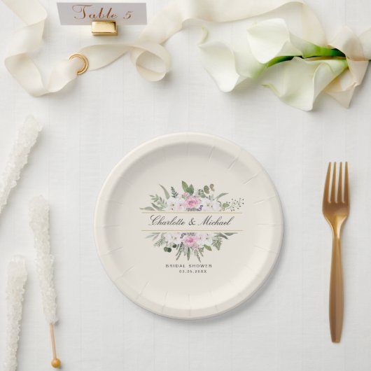 Assiettes En Carton Elégant Boho Floral Monogram Fête des mariées (Mariage)