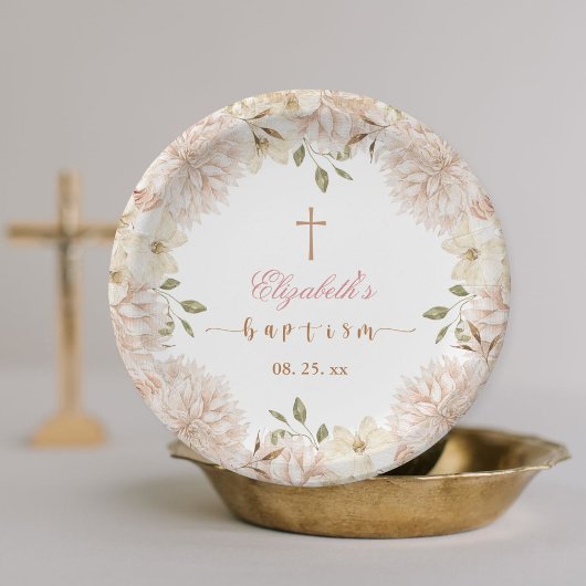 Assiettes En Carton Élégant Boho rose Floral Baptism Plaque en papier