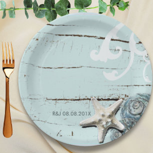 Assiettes En Carton Elégant bois BLue Seashells Plage Mariage faveur