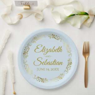 Assiettes En Carton Elégant Bordure Ornate Mariage bleu et or
