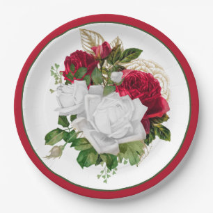 Assiettes En Carton Elégant Bouquet de Roses Blanches Rouges