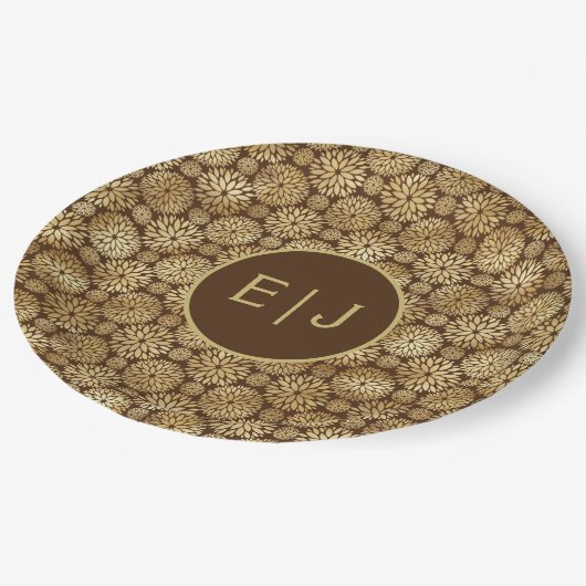 Assiettes En Carton Élégant Brown & Or Dahlias Motif Monogramme (Angle)