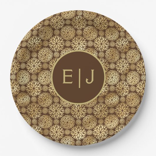 Assiettes En Carton Élégant Brown & Or Dahlias Motif Monogramme (Devant)