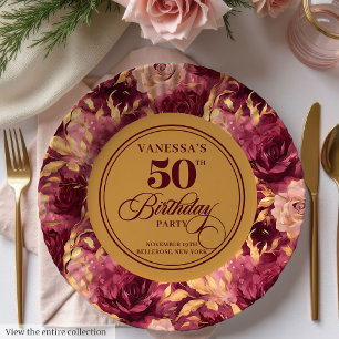Assiettes En Carton Elégant Burgundy Blush Or Floral 50e Anniversaire